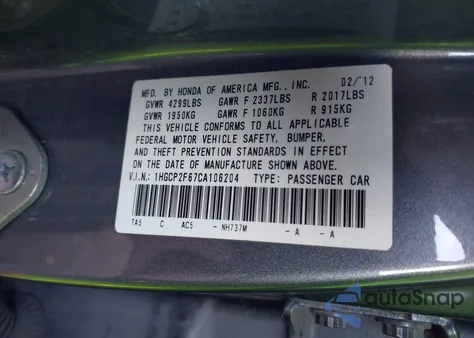 2012 Honda Accord 2.4 Se z USA, uszkodzony, nr VIN 1HGCP2F67CA106204